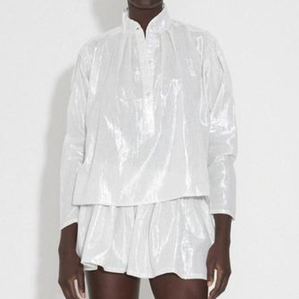 Suzie Kondi Lurex Poet's XS Oversize Ivory Long Sleeves Blouse Top